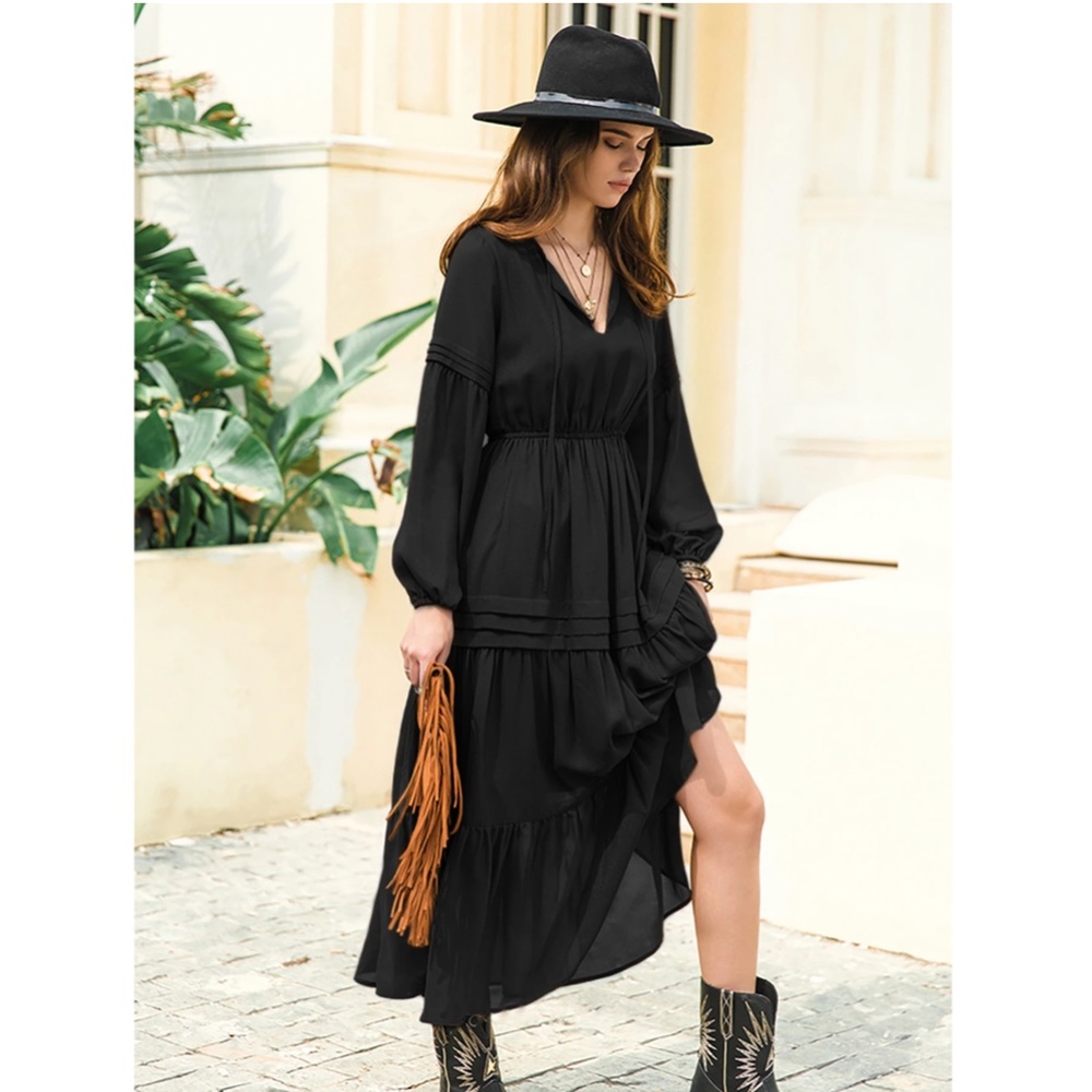 Black Bohemian Maxi Dress Chiffon Neck Ties Long Sleeve Ruffle Hem Flowy - Picture 4 of 10